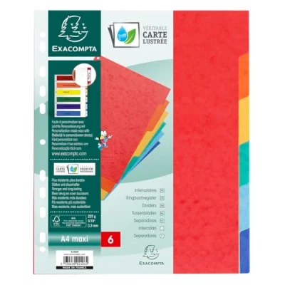 Image de Exacompta Réf. 2406E carton de 50 intercalaires en véritable carte lustrée souple 225g/m2 FSC® avec 6 onglets neutres Format à classer A4 maxi Dimensions 24,5 x 29,7 cm couleurs assorties
