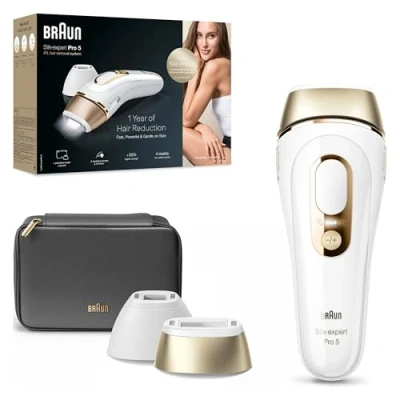 Image de Braun Silk·expert Pro 5 Épilateur À Lumière Pulsée, Épilation Semi Définitive, Alternative Au Laser Pour 1 An De Peau Douce, Avec Pochette, 2 Têtes, Cadeau Femme, Or/Blanc, PL5140