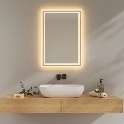 Image de EMKE Miroir Salle de Bain avec Éclairage, 50x70 cm, Anti Buée, 2 Températures Couleur (Blanc Chaud/Blanc Froid), Interrupteur à Bascule, Horizontale/Verticale, LED，IP44