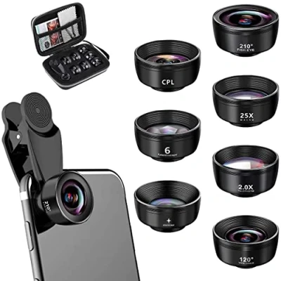 Image de Kit D&#039;objectif 7 en 1 pour Téléphone Portable, Objectif Macro Fisheye Grand Angle,Objectif de Caméra Smartphone (Noire) (A)