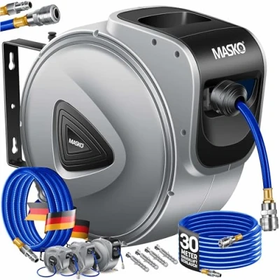 Image de MASKO® Enrouleur automatique pour tuyau à air comprimé Raccord 1/4&quot; 30 m Dévidoir mural de gris