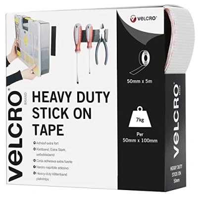 Image de Velcro Marque Rouleau Adhésif Auto Agrippant Industriel Très Résistant Double Face Qui Se Coupe À La Longueur Désirée Avec Crochets Et Bouclesle Bureau Dans Le Garage, Blanc, 50 Mm X 100