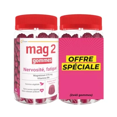 Image de MAG 2 gommes framboise Magnésium et vitamine B6 anti nervosité fatigue Sans sucres ajoutés Complément alimentaire Lot de 2x45