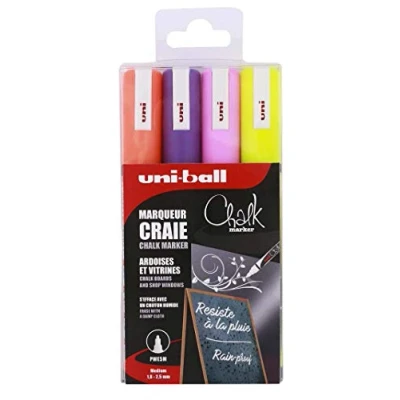 Image de Uni Chalk Marker PWE5M/4 ASSF16 Pochette de 4 Marqueurs Craie Pointe Moyenne Assortis