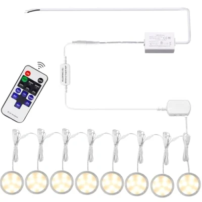 Image de AIBOO Éclairage LED reliable sous armoire 12 V à intensité variable avec télécommande RF sans fil pour éclairage d&#039;ambiance de cuisine (8 lumières, blanc chaud)