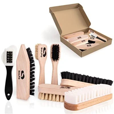 Image de SULPO Kit de brosses à chaussures 7 pièces pour nettoyer le cuir 2 plat reluire 1 brosse salir avec poils en laiton et nylon crêpe nubuck