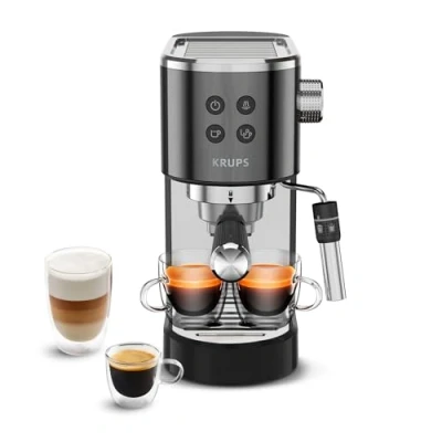 Image de Krups Virtuoso+ Machine expresso à pompe, 15 bars, Thermoblock, Acier inoxydable, Buse vapeur, Arrêt automatique, Espresso et cappuccino, Qualité digne d&#039;un barista, vapeur XP444G10