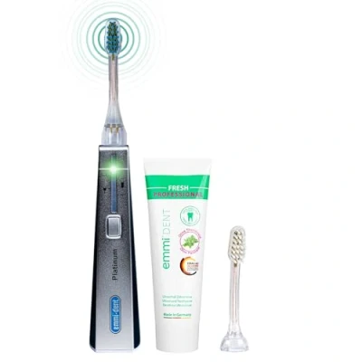 Image de emmi dent Platinum Brosse à Dents Électrique Ultrasons (kit de Base Carbon) I Idéal pour et Gencives Sensibles Brossage Optimal des sans Frottement Autonomie Piles Jusqu&#039;à 15 Jours