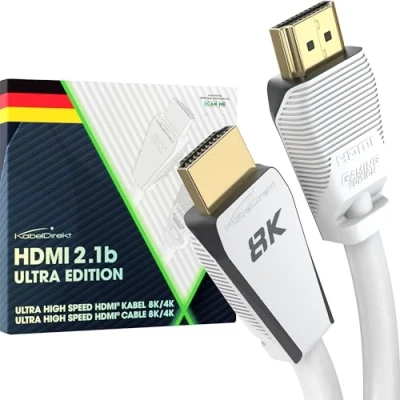 Image de KabelDirekt Câble 8K HDMI 2.1, édition certifiée Gamer 3 m (8K@60Hz, ultra High Speed/48G pour 10K, ou 144 Hz rapide en 4K, optimal PS5/Xbox et Gaming PC, moniteur/TV, blanc)