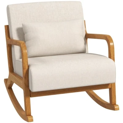 Image de HOMCOM Fauteuil à Bascule, oscillant rembourré avec Structure en Bois, de Relaxation accoudoirs, pour Chambre Coucher, Salon, crème