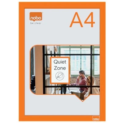 Image de Nobo Porte Affiche A4 Mural, avec Cadre d’affichage Clipsable Anodisé, Remplacement des affiches facile et rapide, Autocollant, Orange, Lot de 2, 1915695