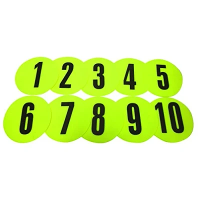 Image de Fitness Health FH Lot de marqueurs disque numérotés 1 à 10, jaune vif et antidérapant pour une utilisation en extérieur intérieur. Durable solide, convient les surfaces dures