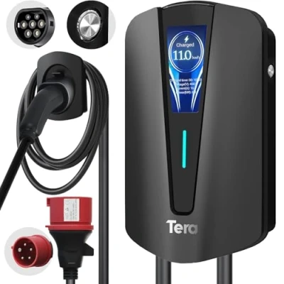 Image de Tera EV Chargeur Type 2 Wallbox: Borne de Recharge Vehicule Electrique 11kW Triphasé,16A 400V avec Ecran Numérique Contrôlable, 7 Mètres Câble Recharge, Support Mural pour EVs PHEVs