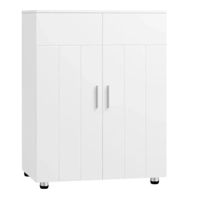 Image de EUGAD Meuble Placard de Rangement sur Pied Salle Bain Armoire d’entrée avec 2 Portes, Étagères Réglables, 3 Compartiments en MDF Blanc