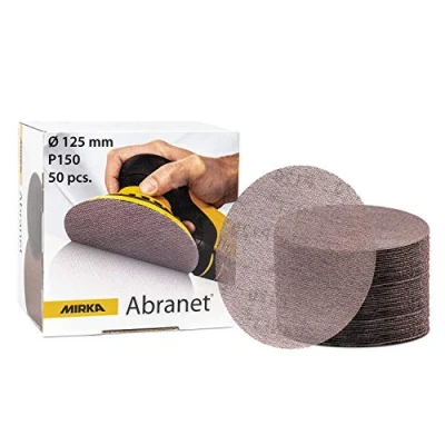 Image de MIRKA Abranet Grille abrasive Ø 125mm autoagrippant Grain P150 50 pcs Convient à toutes les ponceuses excentriques pour poncer le bois, mastic, la peinture, plastique