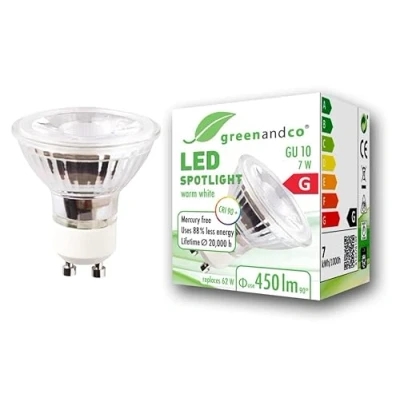 Image de greenandco® IRC 90+ 3000K 36 Spot à LED GU10 7W équivalent 62W, 450lm blanc chaud SMD 230V AC, verre, aucun scintillement, non graduable