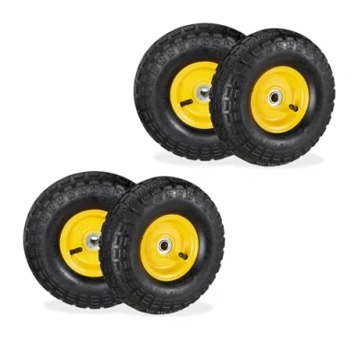 Image de Relaxdays Lot de 4 Roues Diable 4.10/3.50 4, pneus Rechange, axe 16 mm, 136 kg Max., 260x85 Noir Jaune
