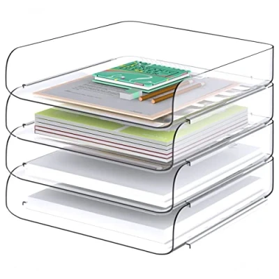 Image de Tomorotec Ensemble de corbeilles à courrier bureau empilables en PET transparent Format A4 Organiseur documents Support rangement pour livres Charge latérale antidérapante