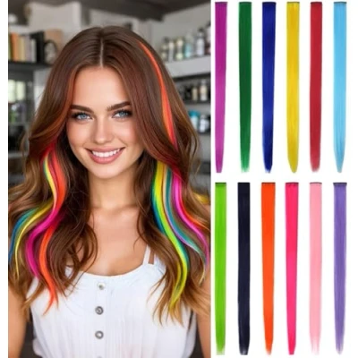 Image de 10 Pcs Extensions de Ondulés Cheveux Naturel Synthétique colorés 22 Pouces Extension avec à Clip pour Femmes Filles Cosplay Mode Fête