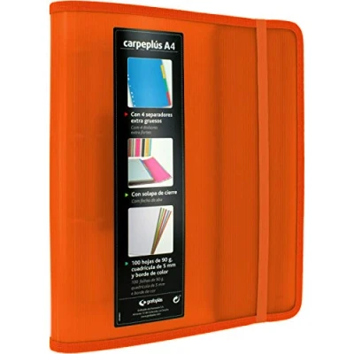Image de Grafoplás 88200052. Classeur à 4 anneaux, A4, orange, polypropylène, avec rabat latéral, recharge de 100 feuilles, intercalaires et enveloppes transparentes, Multiline.