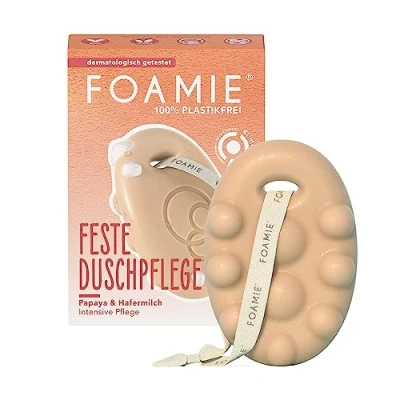 Image de Foamie Gel douche solide au lait de papaye et d&#039;avoine, effet massant, 100% végétalien, silicone plastique non testé sur les animaux, soin intensif, 80g