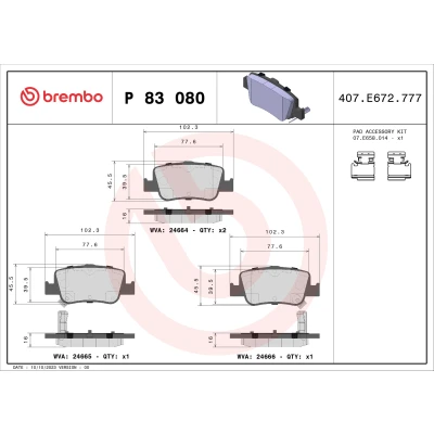 Image de BREMBO P 83 080X Jeu de plaquettes frein avec indicateur d&#039;usure accessoires TOYOTA: Auris 5 portes, Break, Corolla XI Berline