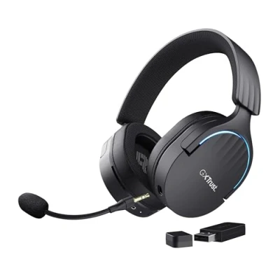 Image de Trust Gaming GXT 491 Fayzo Casque sans Fil Bluetooth + 2.4 GHz, Son Surround 7.1, Batterie 22 Heures, Pilotes 50mm, Microphone Antibruit, Gamer RGB Over Ear PC PS5 PS4 Switch Noir