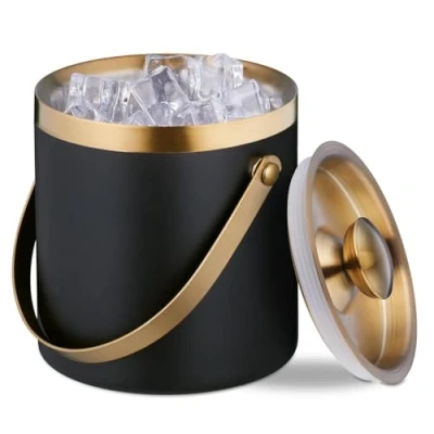 Image de Junterone Seau à Glace, Acier Inoxydable, Double Paroi, Glace avec Couvercle et Poignée, 2 L, Glaçons Noir Or