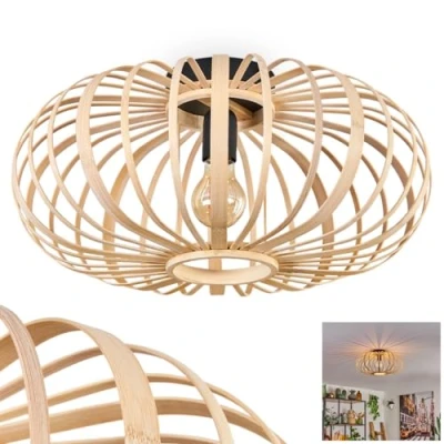 Image de hofstein plafonnier Oravi, rond en bambou/bois/métal naturel/noir, 1 flamme, douille E27, Ø 45 cm, luminaire boho avec un superbe effet lumineux grâce à l&#039;aspect grillagé, sans ampoules