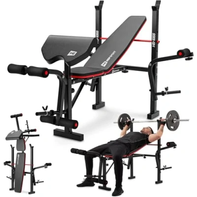 Image de Hop Sport Banc de Musculation Pliable HS 1055 avec Support d&#039;haltères d&#039;entraînement Réglable pour le Développé Couché, la Gym à Maison