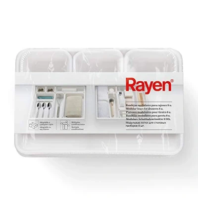 Image de Rayen Plateau pour l’Organisation des tiroirs Pack de 8 unités Base antidérapante Adaptable à n’Importe Quel tiroir Combinaisons Multiples Blanc