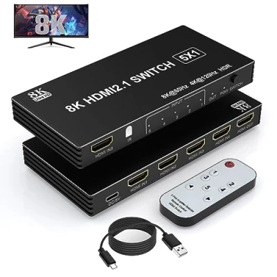 Image de 8K hdmi Switch 60Hz, Commutateur 5 in 1 Out avec télécommande IR, Repartiteur 8K@60Hz/4K@120Hz pour Xbox PS5 PC TV
