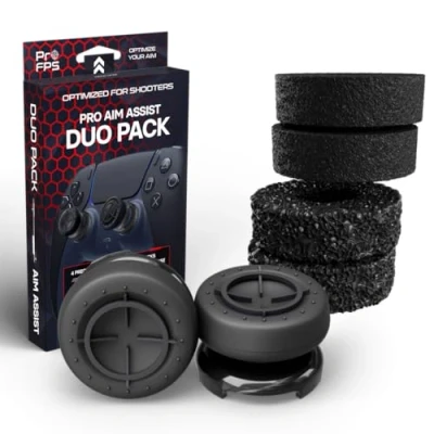 Image de ProFPS Manette PS5 / PS4 Accessoire Gaming Pack Duo Noir de 4x Precision Rings &amp; 2x Mixed Thumbstick pour Assistance Visée et Aimbot Accessoires PlayStation 5