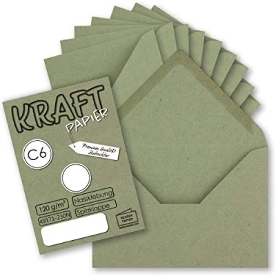 Image de Neuser Paper Lot de 25 enveloppes en papier kraft Format C6 Vert 11,4 x 16,2 cm Sans fenêtre Vintage avec fermeture humide Rabat pointu