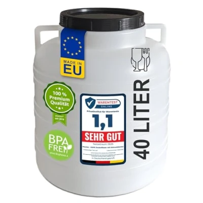 Image de plasteo® Tonneau à col large de 40 litres Avec couvercle et anses ronds Naturel Convient un usage alimentaire sans BPA universel en plastique stockage