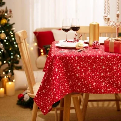 Image de Deconovo Nappe Noël Rouge Rectangulaire avec Motif Etoile 130x220cm de Table