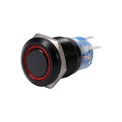 Image de Interrupteur à Bouton Poussoir, Keenso Commutateur Autobloquant 19mm 12V 24V de Verrouillable Commande Loquet LED On/Off Coquille Noire en Métal Etanche (Red)