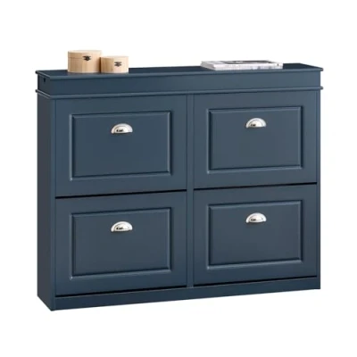 Image de SoBuy Meuble Chaussure, Rangement d&#039;Entrée, de à Chaussures Armoire, Commode avec 4 Abattants, 1 Tiroir et 1Crochet, L104xP24xH83 cm, Bleu, FSR79 B