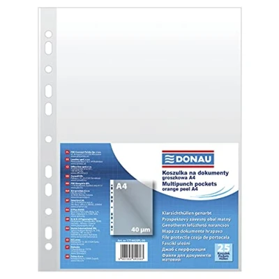 Image de DONAU 1774925PL 00 Lot de 25 pochettes perforées grainées en plastique transparent pour documents, papiers, dossiers, classeurs, format A4, transparentes, 40 microns/µm