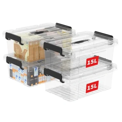 Image de Cetomo 15L * 4 boîte de rangement en plastique, fourre tout, récipient d&#039;organisation avec couvercle durable et boucles verrouillage sécurisées, lot 4, transparent boucle noire