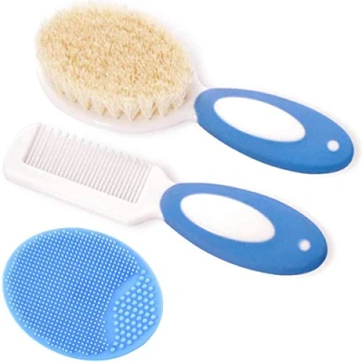 Image de Ensemble brosse à cheveux et peigne pour nouveau nés tout petits Poils de chèvre naturels doux Idéal le bonnet berceau Cadeau parfait liste naissance (bleu)