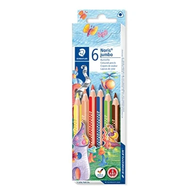 Image de Staedtler Noris Jumbo, Crayon de couleur triangulaire gros module, idéal pour les premiers exercices d&#039;écriture et dessin, Lot 6 crayons aux couleurs assorties, 128 NC6