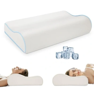 Image de PKBD Oreiller en Mousse à Mémoire de Forme avec Taie d&#039;oreiller(Soie Glacée),Oreiller orthopédique Ergonomique,Oreiller Profilé pour Dormeurs sur Le Côté, Dos et Ventre