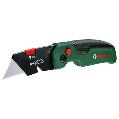 Image de Bosch Home and Garden Cutter pliant (cutter compact et robuste ; acier inoxydable ouverture possible d’une seule main changement de lame rapide clip ceinture 3 lames)