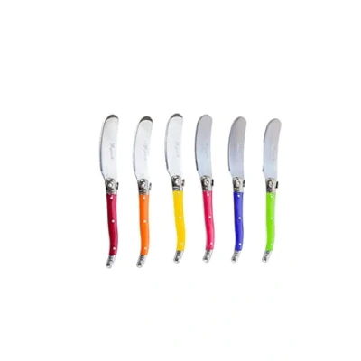 Image de Pradel Excellence Boîte de 6 Couteaux à Beurre Laguiole Tartineurs en Acier Inoxydable Lames Micro Dentées, Manches ABS Coffret Coutellerie, Couleurs Effet Nacré