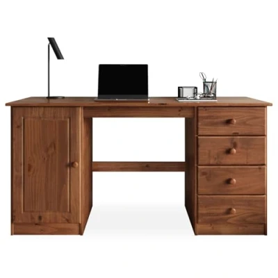 Image de IDIMEX Bureau avec Rangement Manager L 145 cm en Bois Massif, Coloris Brun foncé, 4 tiroirs et 1 Porte battante, Un Large Plateau, Style Classique