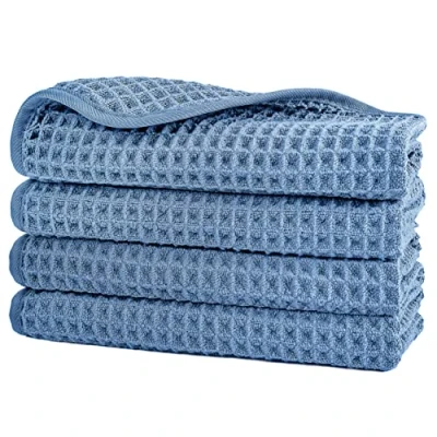 Image de Polyte 4 Serviettes pour Le Visage en Microfibres ne Peluche Pas Tissu alvéolé Bleu 33 x cm