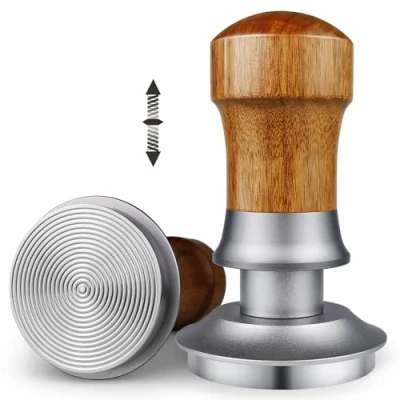 Image de ceelatti Tamper 51 mm Régulateur de pression Calibrated Presse café à ressort Pour porte filtre DeLonghi Poignée en bois noyer Base acier inoxydable 304 Argenté