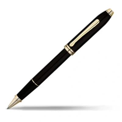 Image de CROSS Townsend laqué noir Stylo roller convertible Pointe moyenne Avec attributs en or 23 carats Écrin de luxe et une recharge noire incluse