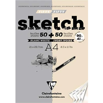 Image de Clairefontaine 96609C Bloc Encollé Papier Sketch Fifty 100 Feuilles Dessin au Grain Très Léger 50 Ivoires + Blanches Détachables A4 21x29,7 cm 90g
